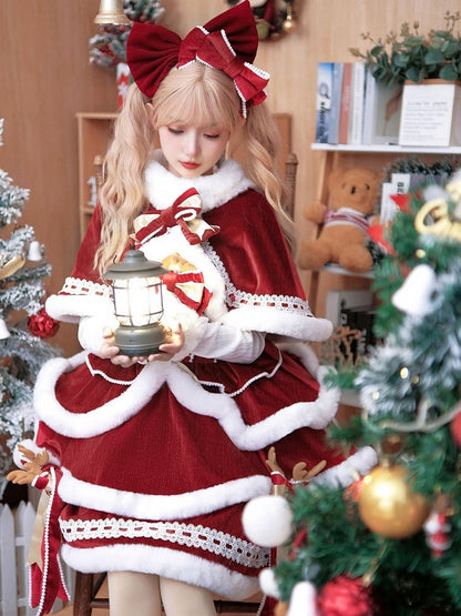 + Christmas Full White Sleeves Lolita Long Set Red Dress Cape Top