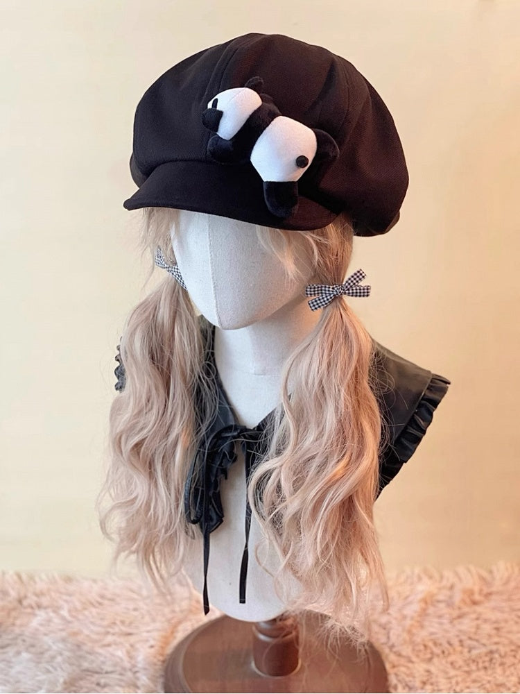 Beret Embellished Panda Plush Black