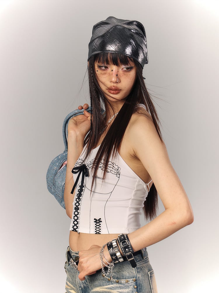 Front Black Cami Bow Top Punk Graffiti with Crop White Lace-Up Corset Print