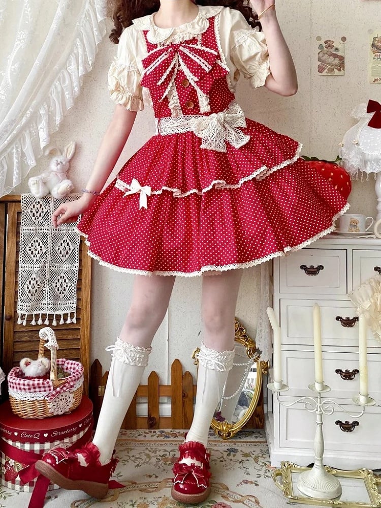 Overall mit altem Muster, Lolita-Schulkleid mit Punkten, rot