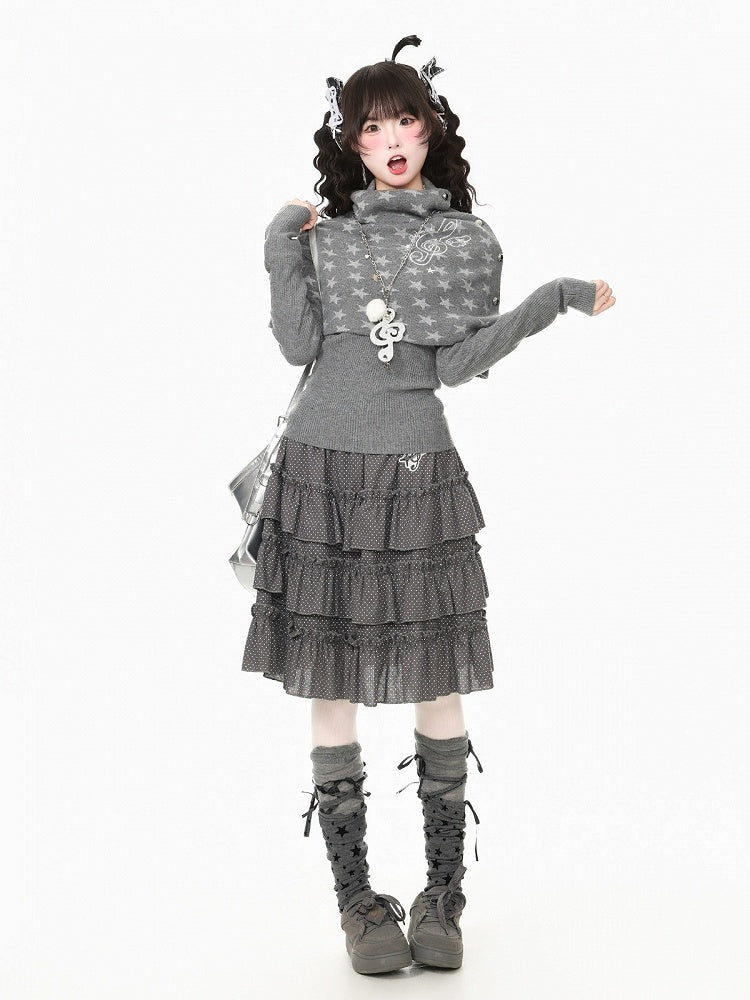 Gray Kawaii Fall Two Piece Cape Music Note Star Pattern Top - Languid Park