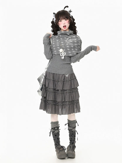 Gray Kawaii Fall Two Piece Cape Music Note Star Pattern Top - Languid Park