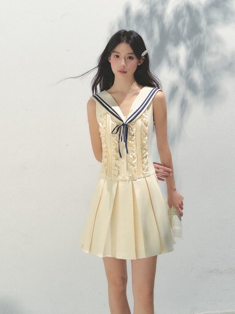 Sailor Yellow Kawaii Pleated with Collar Detachable Style Dress