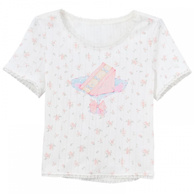 レース ホワイト ケーキプリント トリム スイート フローラル Tシャツ