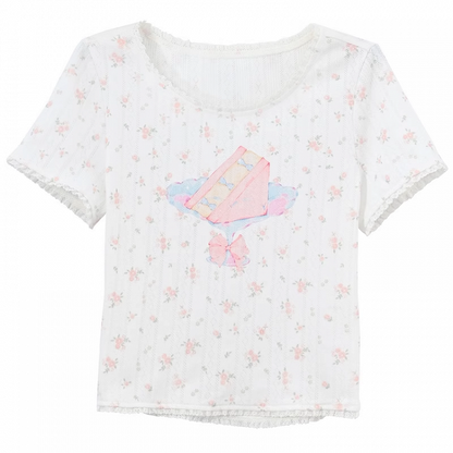 レース ホワイト ケーキプリント トリム スイート フローラル Tシャツ