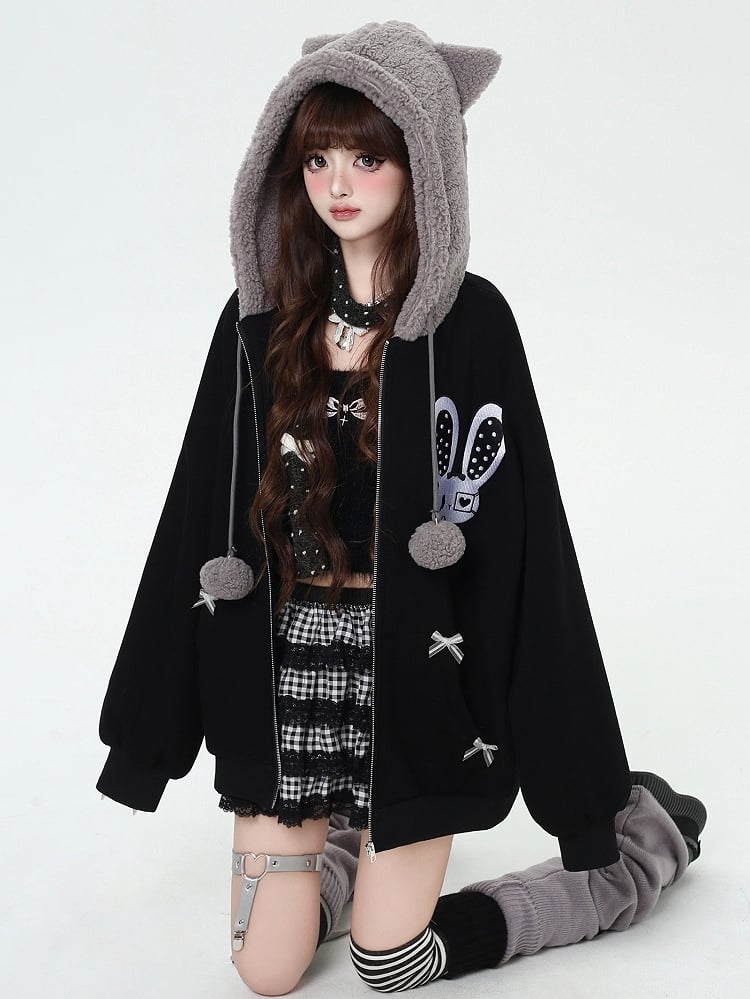 Schwarz/Rosa Kapuzenjacke mit Hasen-Katzenohren-Design