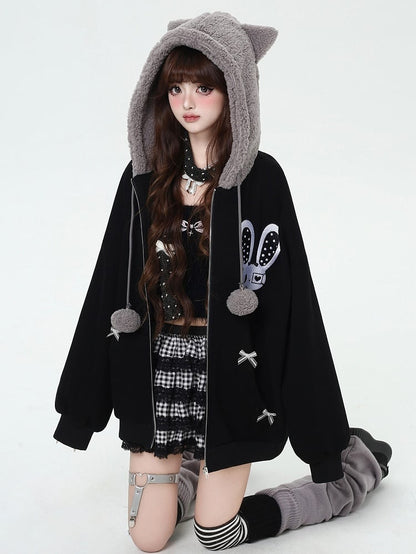 Schwarz/Rosa Kapuzenjacke mit Hasen-Katzenohren-Design