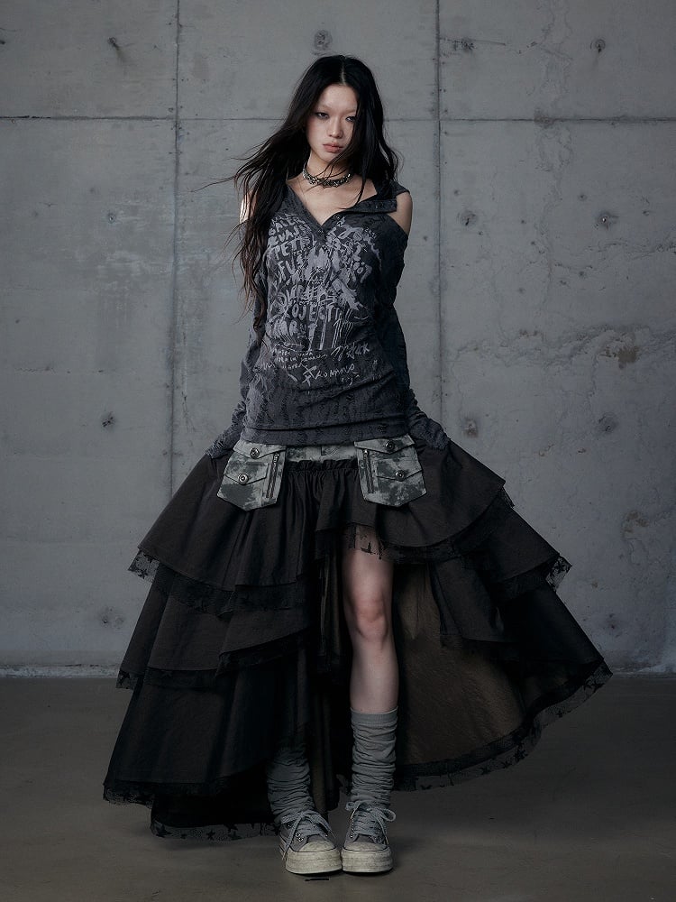 Dark Tiered Aesthetic Blackish-Green with Leather Punk Skirt