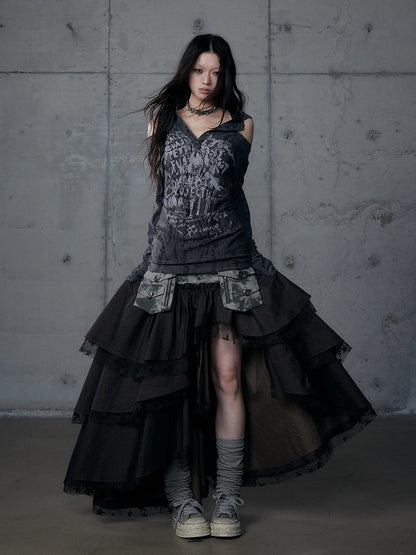 Dark Tiered Aesthetic Blackish-Green with Leather Punk Skirt