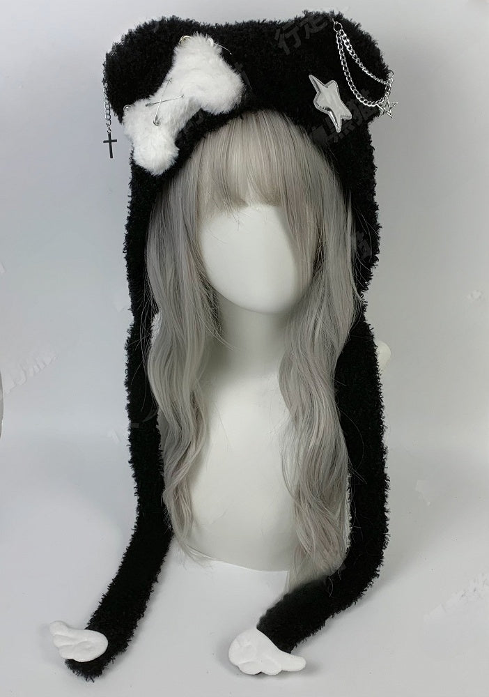 Black/White Cross Pins Wings Bear Ear Plush Hat