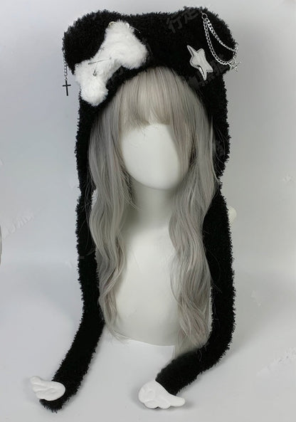 Black/White Cross Pins Wings Bear Ear Plush Hat