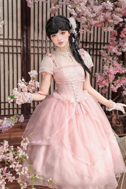 Pink Boned Waist Chinoiserie Lolita OP Dress - With PUJI