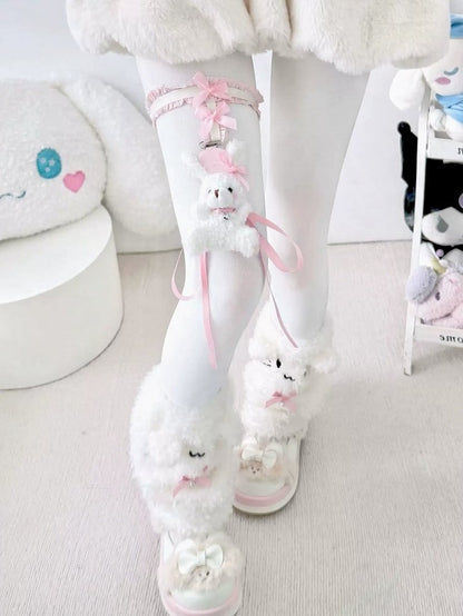 Fluffy Warmers with White Bows Leg Cat Pink