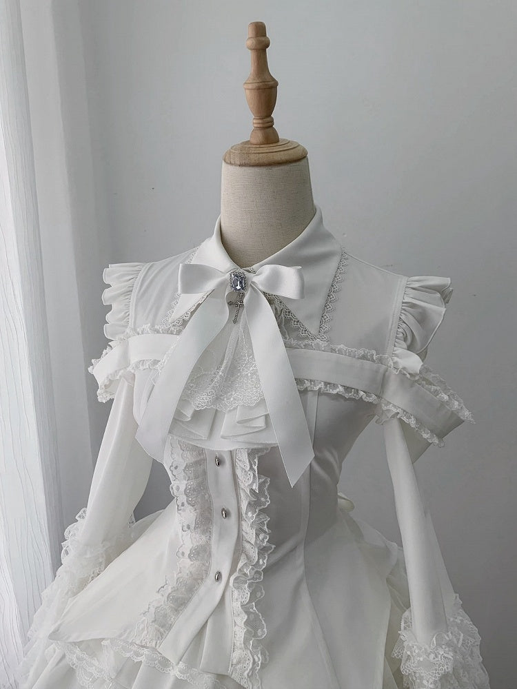 White Gothic Landmine Blouse with Cutout Shoulders, Bell Sleeves and Lace Accents - Ekomi