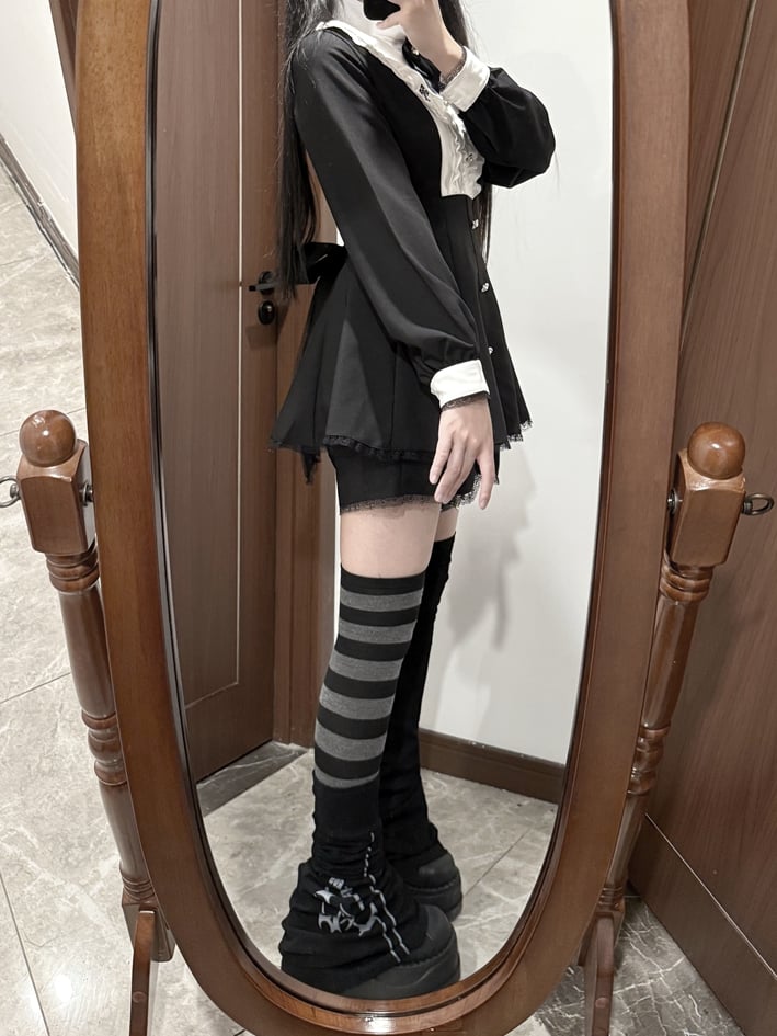 Bow Shorts Set - Cross Embroidered Pointed Flat Collar Dress + Three-piece Jirai Kei Black + Tie