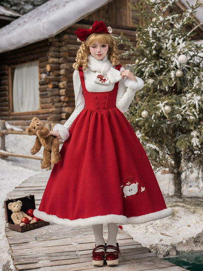 Red Boned Winter Embroidery Plush Apple and Dress Waist Hemline Under with Lolita Bust