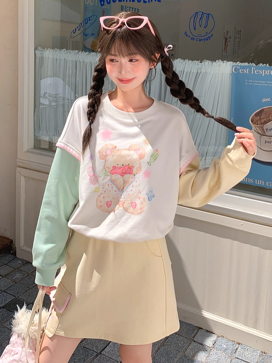 Green Teddy Bear Print Drawstring Sweatshirt Hem Yellow Design Colorblock Autumn and