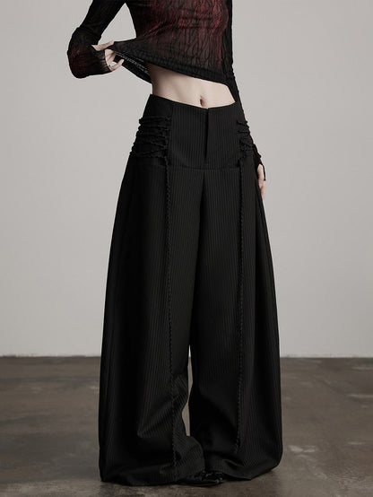 with Tie Curved Deco Pants Wide-Leg Goth Urban Black