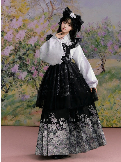 Black Floral Pleated Hanfu Skirt - Yimu Walnut