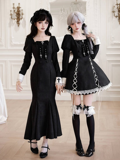 Mermaid with Cross Juliette Patch Dress Lolita Embroidery Sleeves Cuffs Black