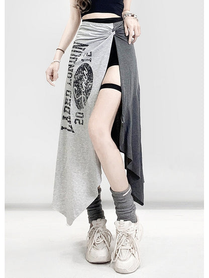 Shorts Saum Schwarz Schlitz Mit Buchstaben Asymmetrische Seite Rock Grau Druck Glamorous
