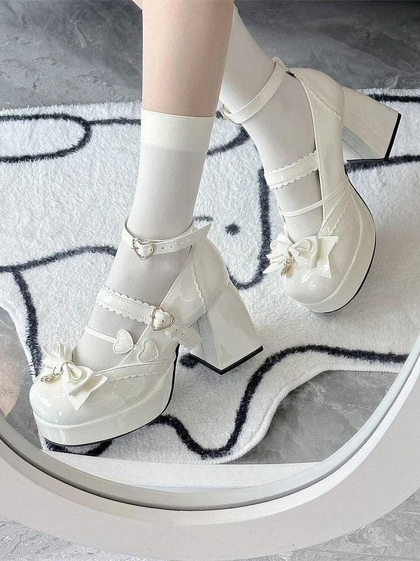 White High with Lolita Decor Heart-shaped Shoes Elegant Mary Snap Jane Bow Block Heel