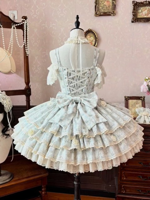 Vintage Blue Floral Print Lolita JSK Dress Short Edition with Lace Details - Loli Cat