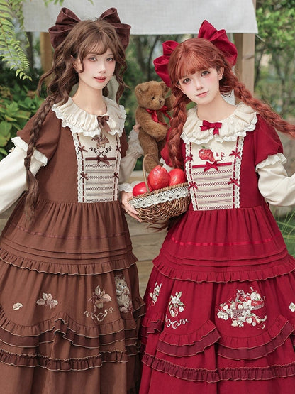 Wine Red Apple Embroidered OP Dress Set with Peter Pan Collar, Long Sleeves, Ruffle Trim, Belt, Brooch & Bow Hairclip - With PUJI