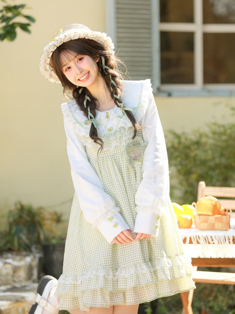 Green and White Plaid Ruffle Hem Overalls Mori Kei Dress