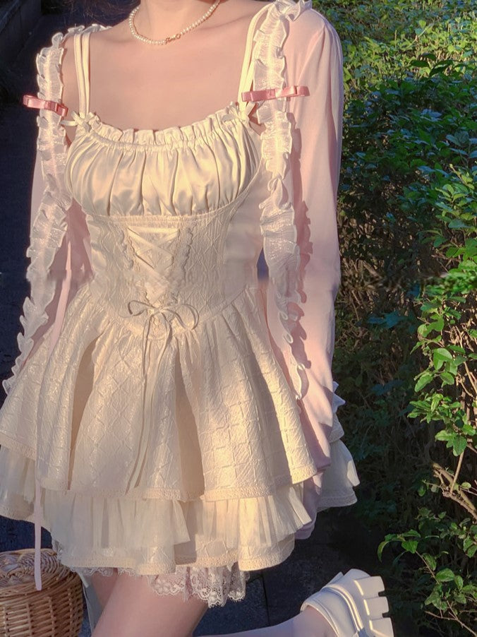 Bow Knit Pink Straps  Lace Trim Cardigan With Self-tie