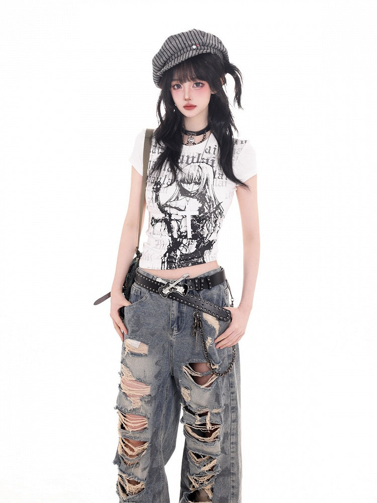 Anime Girl & Letter Graphic Tee Cotton Slim Cut Short Sleeve White Top - KNOW8 Online Shop
