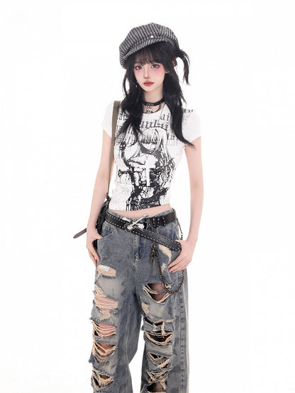 Anime Girl & Letter Graphic Tee Cotton Slim Cut Short Sleeve White Top - KNOW8 Online Shop