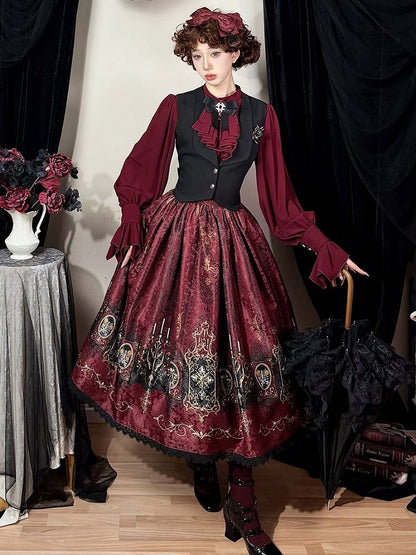 Lolita Print Gothic Candelabras Lace with Trim Red Wings Skirt Bat