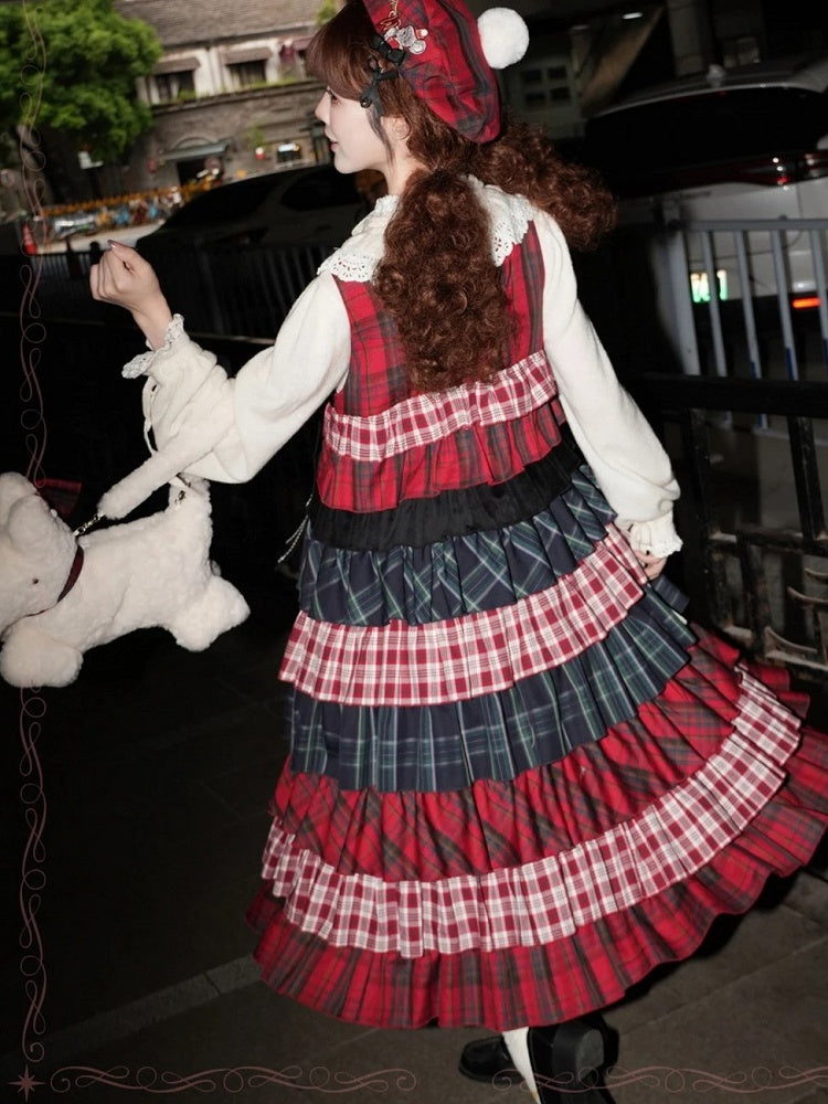 Sweet Lolita Red and Black Plaid Patchwork Long Layered JSK Gown with Bowknot Brooch - iris de nuit