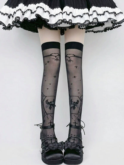 Sheer Lolita Overknee Stockings with Cross Print in Black or White - Milkcat Studio