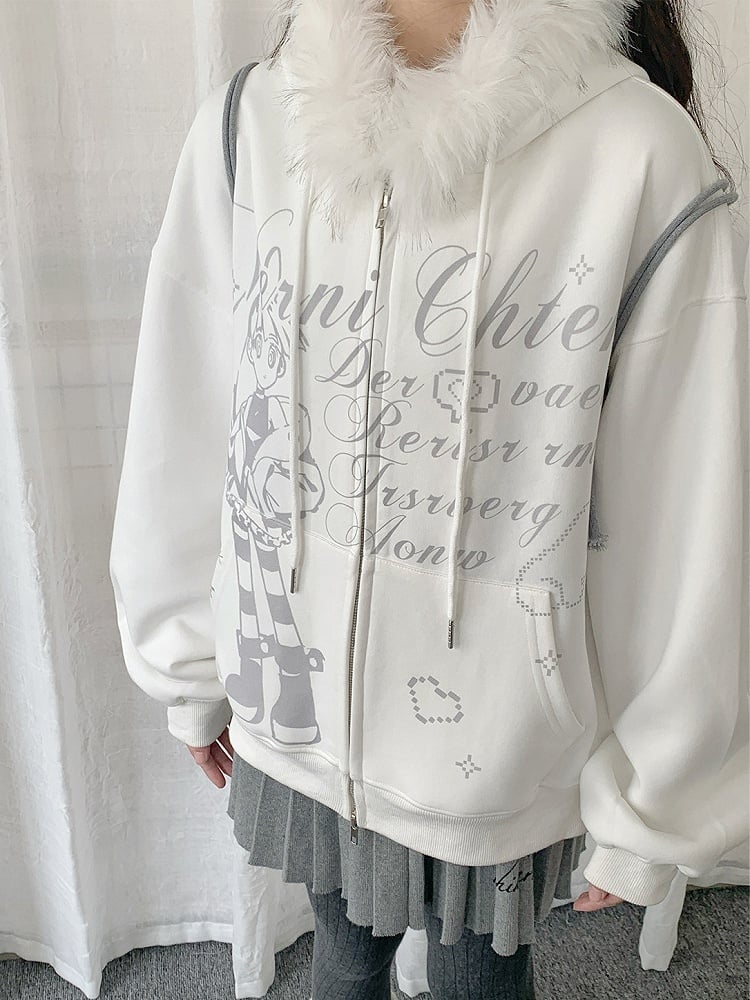 Haut à capuche blanc en peluche style Y2K avec bordure de veste
