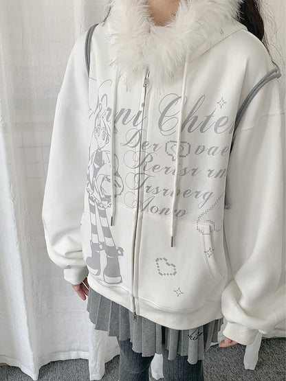 Haut à capuche blanc en peluche style Y2K avec bordure de veste