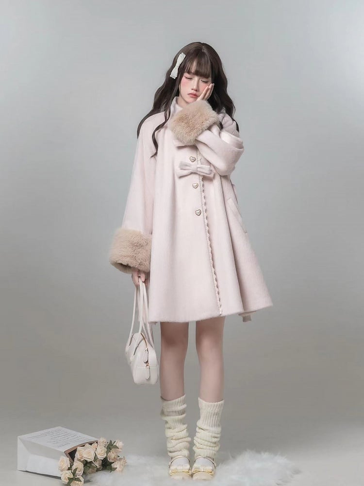 Jirai Manteau en Laine Cœur Nœud à Bouton Style Pur Décor Kei Rose