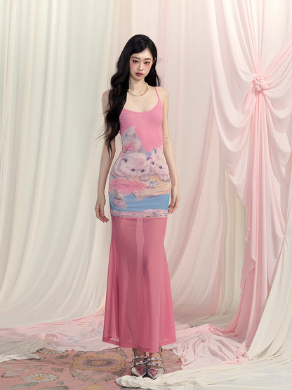 ピンクのキュートな猫柄ボディコンスカート スリップドレス マーメイド