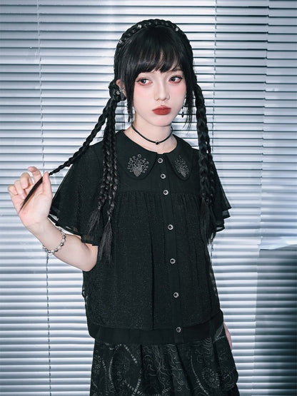 Dark Peter Pan Collar Short Sleeve Blouse with Floral Embroidery - Quirky Hut
