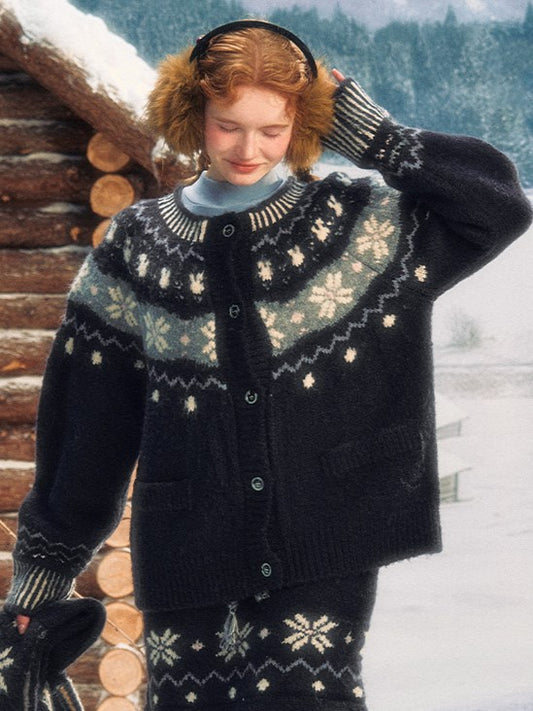 Navy Knit with Blend Premium Fair Isle Cardigan Blue Wool