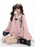 Charm Fleece-lined Pink Star Jacket Chest Embroidered with Design Hooded Drawstrings