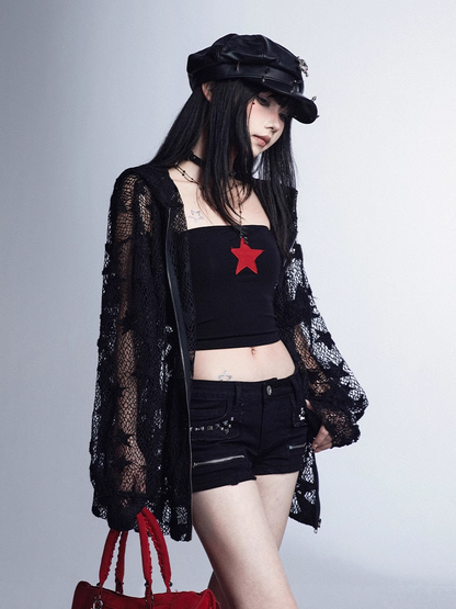 Glamorous Vintage Schwarzes, eng anliegendes Bustier-Top mit rotem Sternenmuster