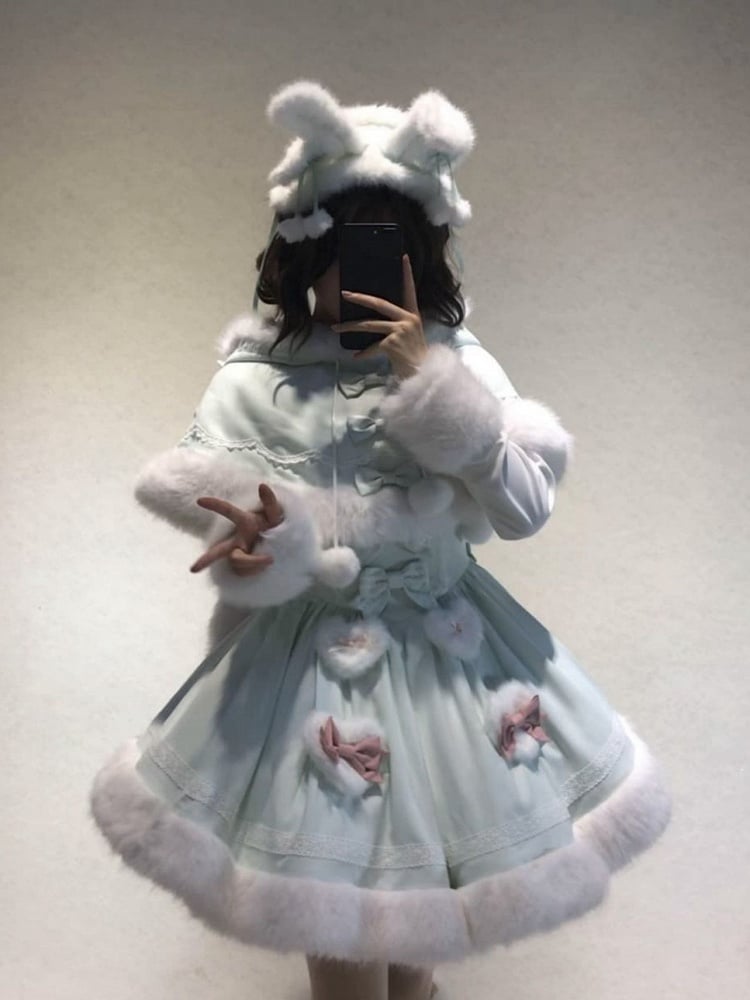 with Lolita Accents Plush Green Mint Pink Winter Bow / Sweet JSK Dress and Hemline