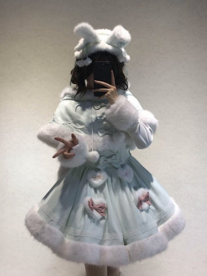 Lolita Sweet Hemline Plush Long OP Cuffs Dress Mint Fake Two-pieces and Sleeves with Green Winter