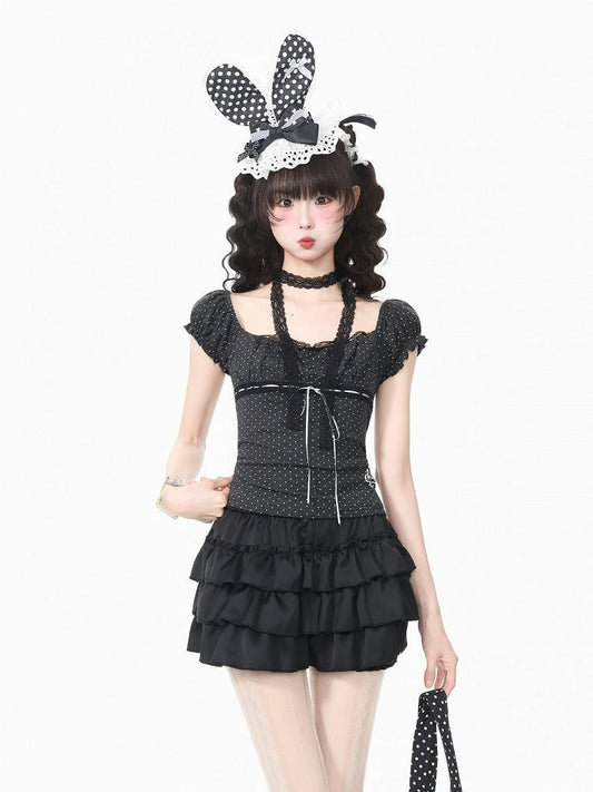 Black Polka Dot Square Neck Ruffle Blouse - Languid Park