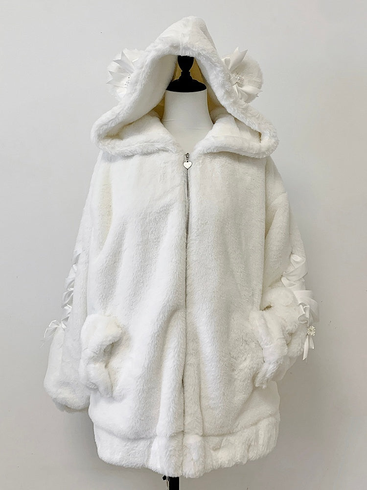 Off-White Warm Hooded Bow with Plush Jacket Kei Bear Ear Decor Jirai