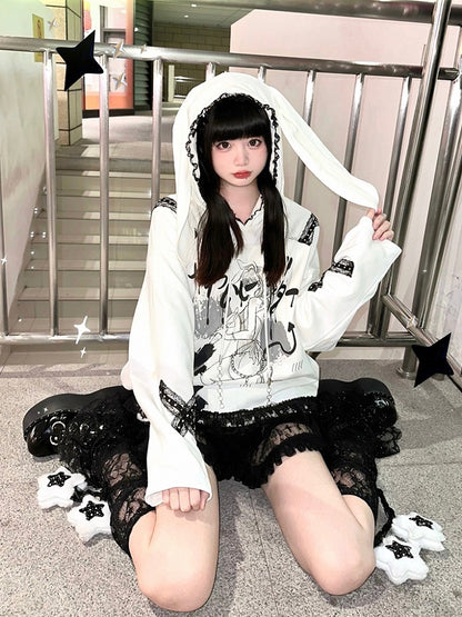 Hoodie with Bunny Ears  Criss-Cross Lace Detail Style White Landmine / Black