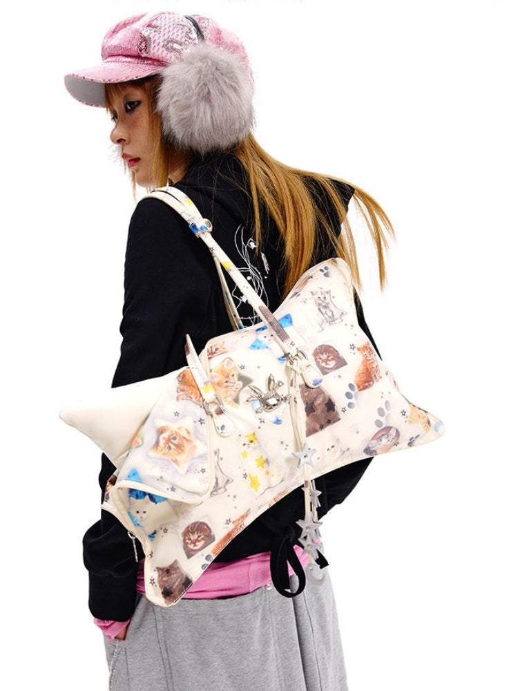 Beige/Black Star Strap Pillow-shaped Crossbody