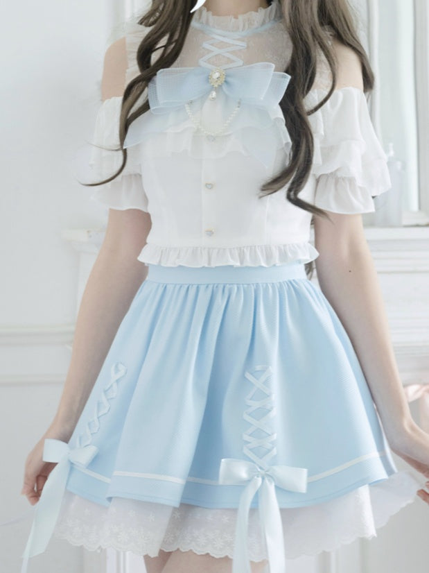 イリュージョンスカートショルダーブルークロスオープンホワイトデザイントップ+ネックラインケイセットジライ